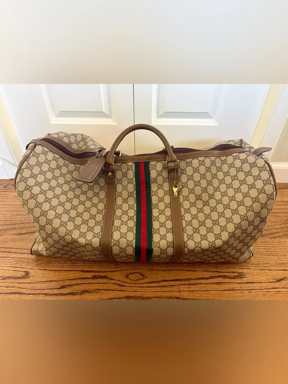 Gucci Brown Beige GG Supreme Canvas Duffel with Green-Red Web
